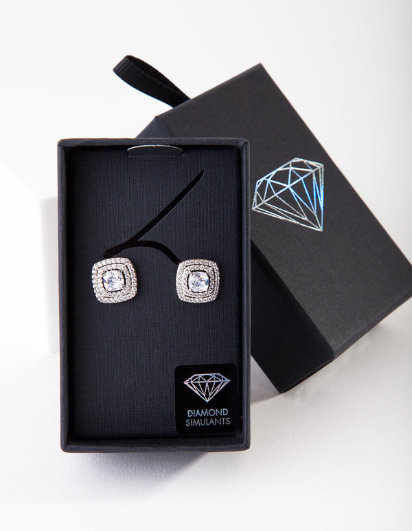 Diamond Simulant Rhodium Square Stud Earrings
