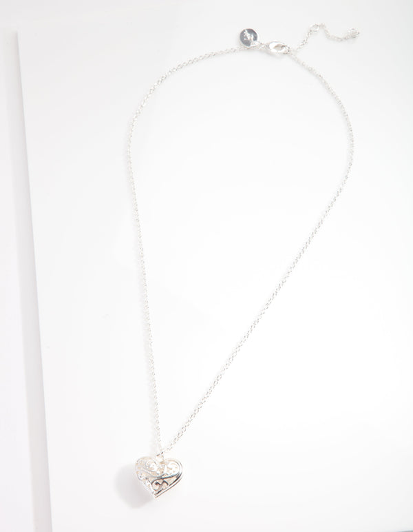 Silver Filigree 3D Heart Necklace