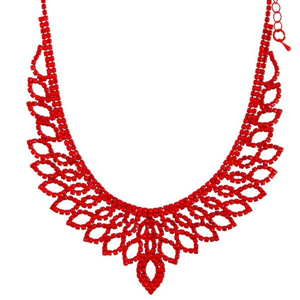 Red Diamante Cup Chain Necklace Earrings Set