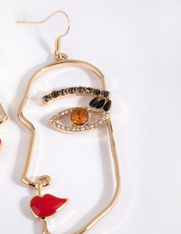 Gold Glamorous Face Drop Earrings