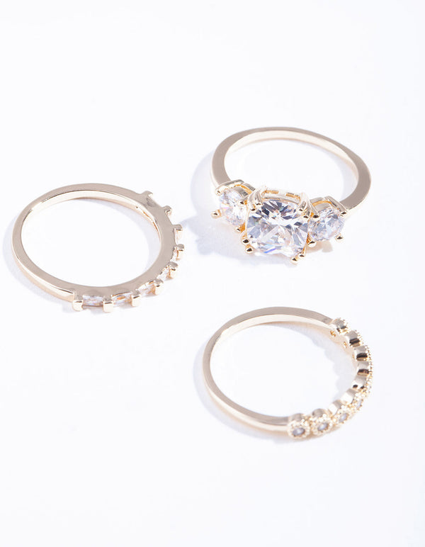 Gold Cubic Zirconia Ring 3 Pack