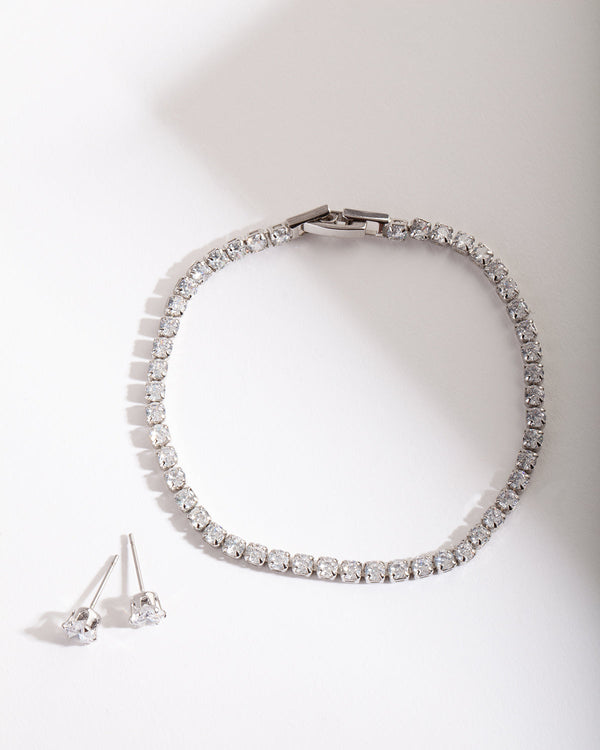 Silver Diamond Simulant Earring and Bracelet Set