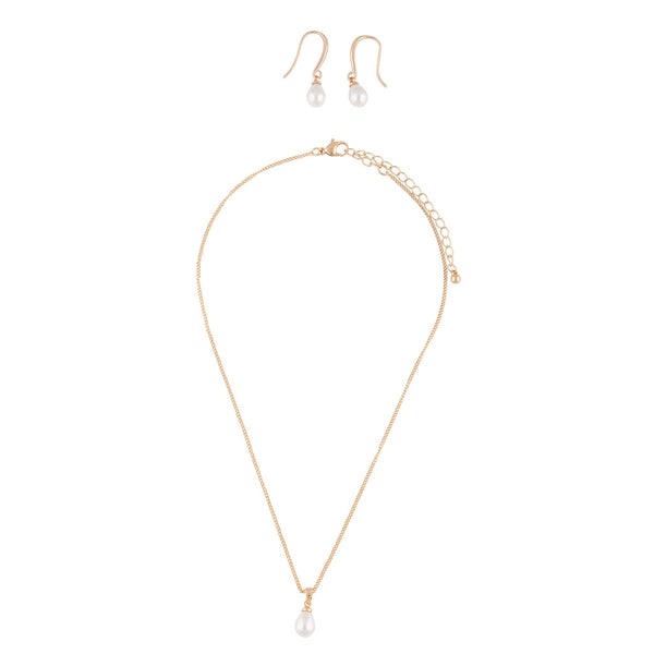 Gold Pearl Necklace Earrings Set