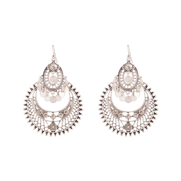 Antique Silver Neo Bohemian Disc Drop Earrings