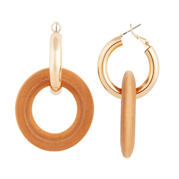 Gold Wood Brown Huggie Hoop Earrings