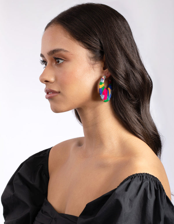 Multi Fabric Covered Cut Out Hoop Earrings