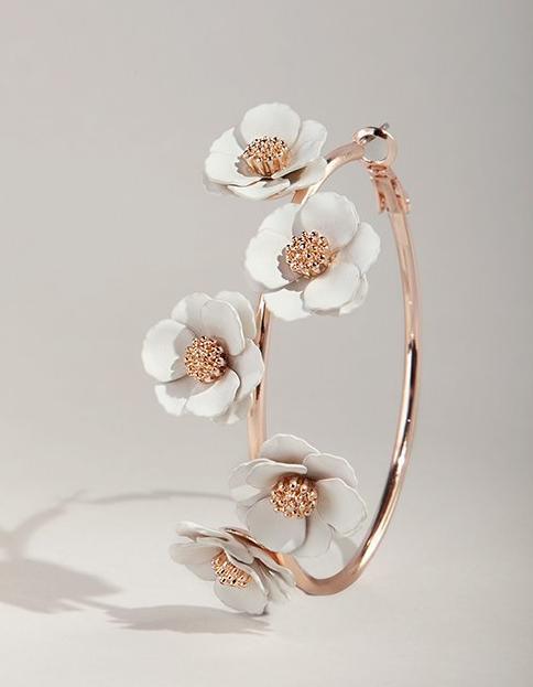 Rose Gold White Flower Charm Hoop Earrings