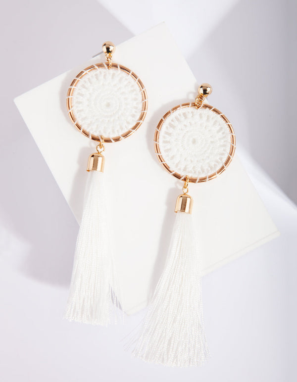 Gold White Fabric Dreamcatcher Earrings