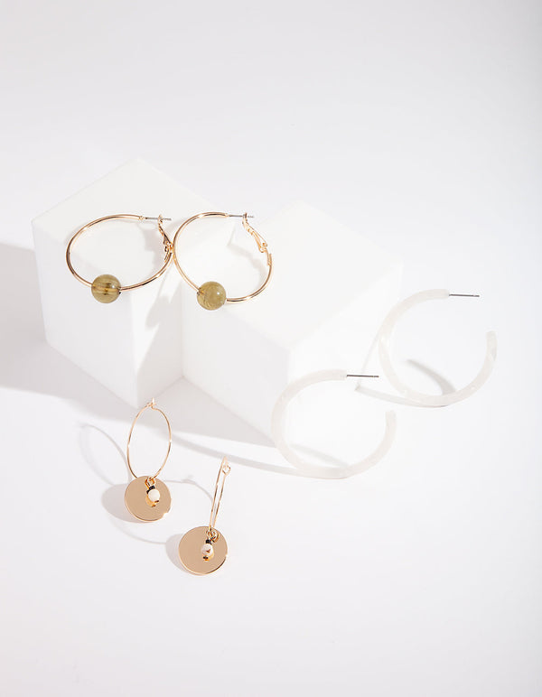 Gold Stone Hoop Earring 3 Pack