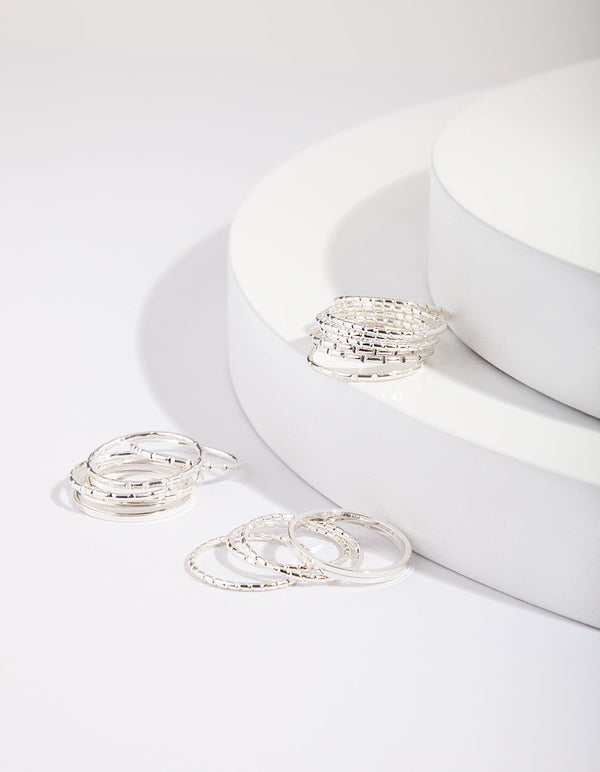 Silver Textured Fine Band Ring Pack