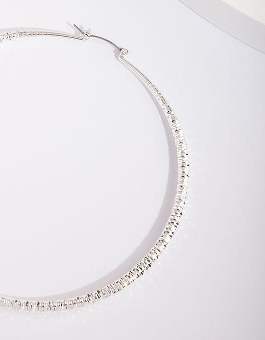 Silver Textured Large Hoop Earrings