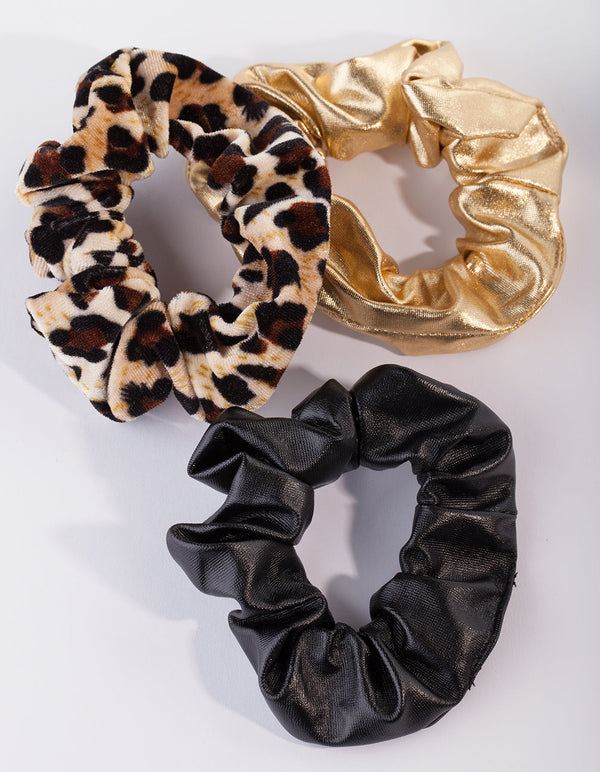 Metallic Gold Leopard Leatherette Scrunchie 3 Pack