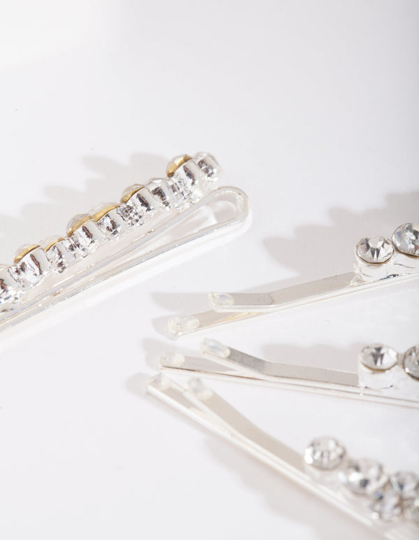 Silver Round-cut Crystal Hair Pin 4 Pack