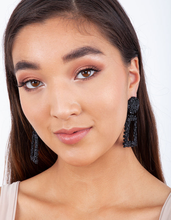 Black Textured Geometric Drop Earrings