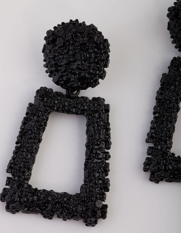 Black Textured Geometric Drop Earrings