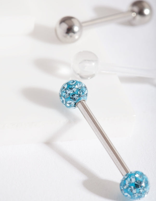 Rhodium Blue Diamante Tongue Bar Pack