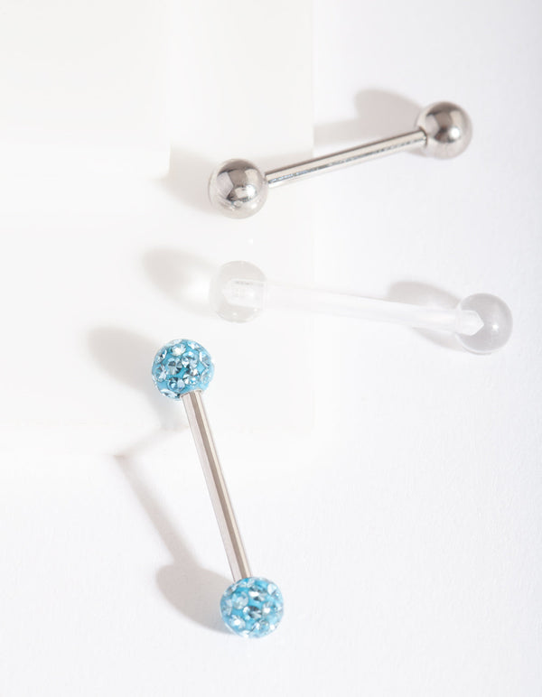 Rhodium Blue Diamante Tongue Bar Pack