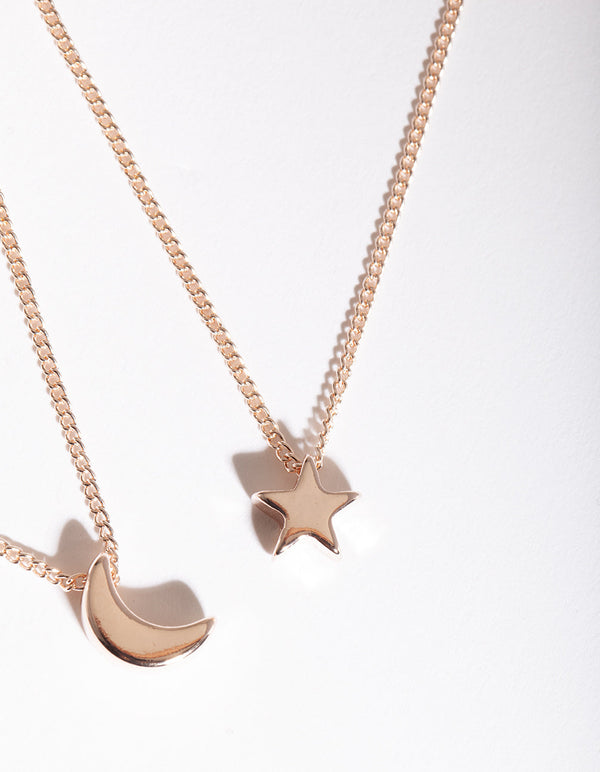 Rose Gold Polished Moon Star Necklace Set