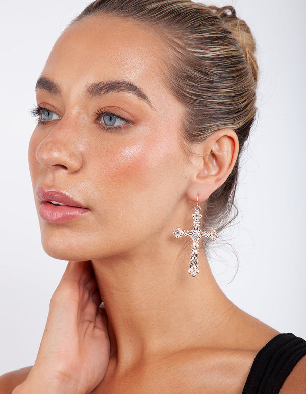 Rose Gold Cross Crystal Stone Earrings
