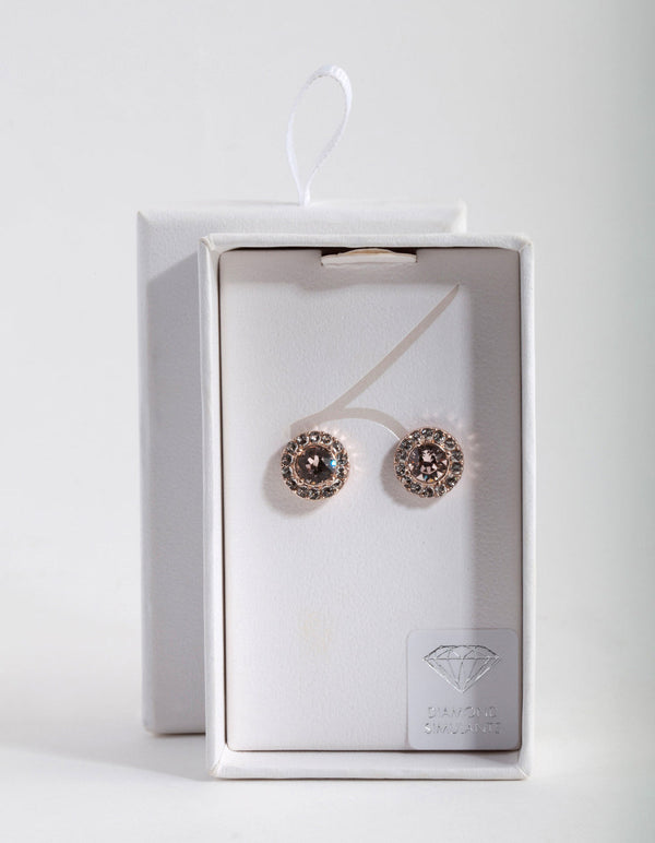 Rose Gold Pink Diamond Simulant Halo Stud Earrings