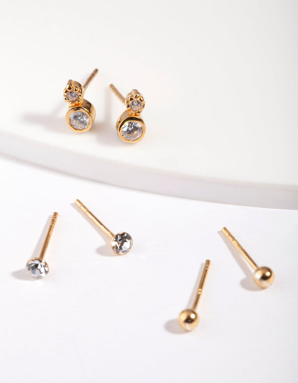 Gold Plated Sterling Silver Diamante Earring 3 Pack
