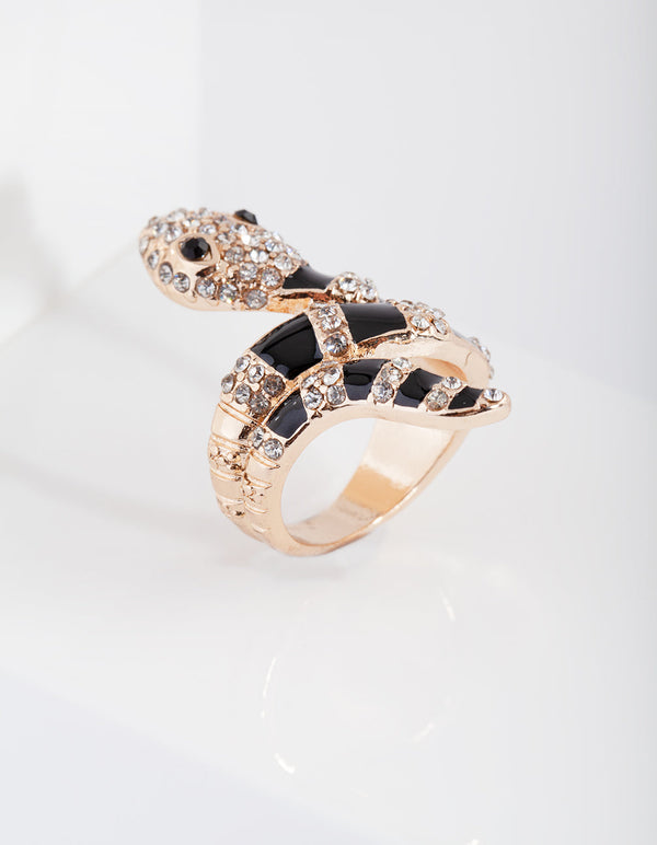 Gold Black Diamante Snake Ring