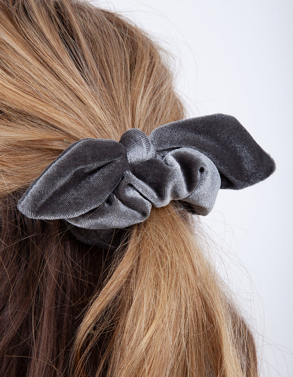 Grey Velvet Bow Scrunchie