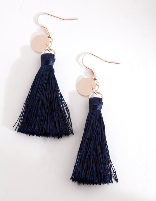 Navy Tassel Disc Charm Earrings