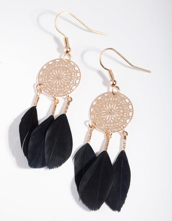 Gold Black Feather Dreamcatcher Earrings