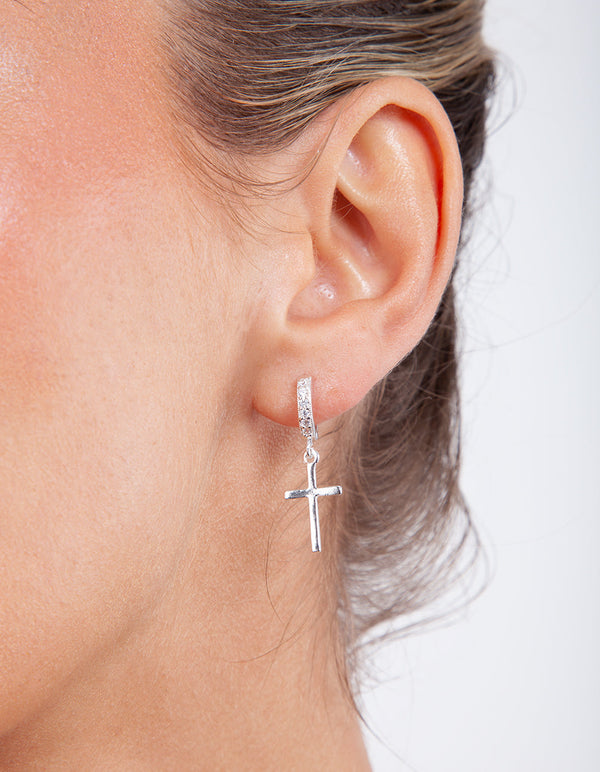 Silver Cross Huggie Earrings