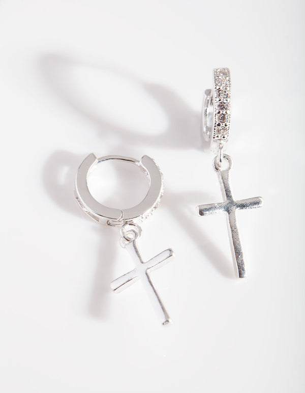 Silver Cross Huggie Earrings