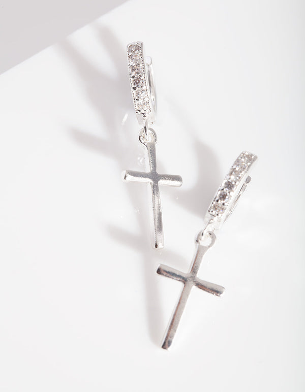 Silver Cross Huggie Earrings