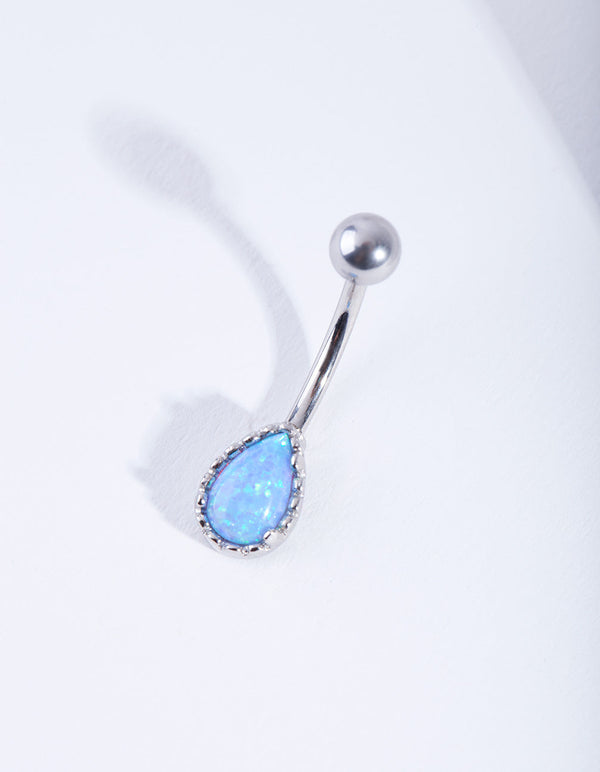 Rhodium Dainty Synthetic Opal Belly Bar