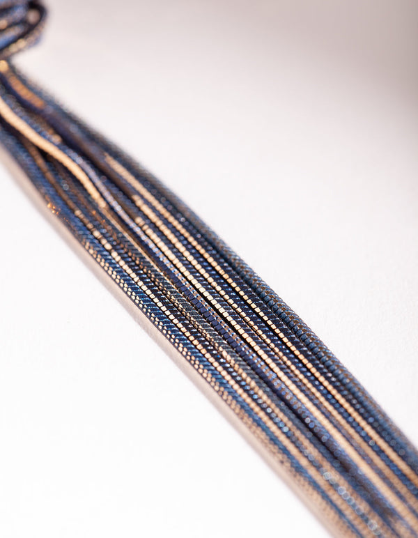 Gold and Dark Blue Metal Tassel Earrings