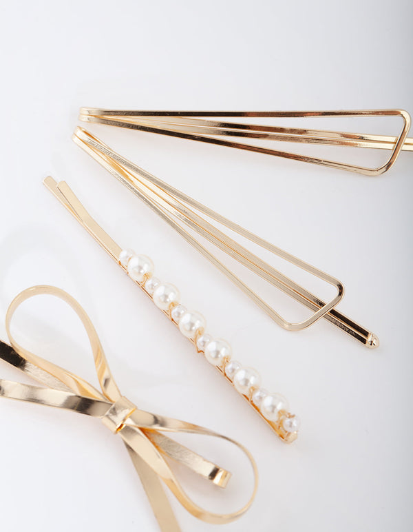 Gold Pearl Bow Hair Clip Pack