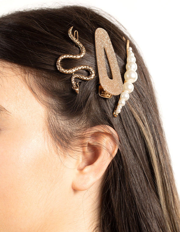 Pearl and Snake Hair Clip 3 Pack