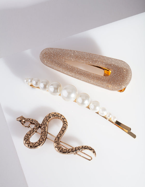 Pearl and Snake Hair Clip 3 Pack