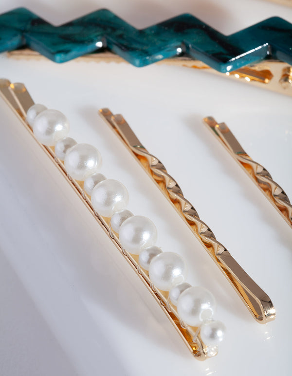 Mismatch Tort and Pearl Hair Clip 4 Pack