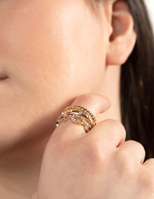Gold Diamante Chain Ring 3 Pack