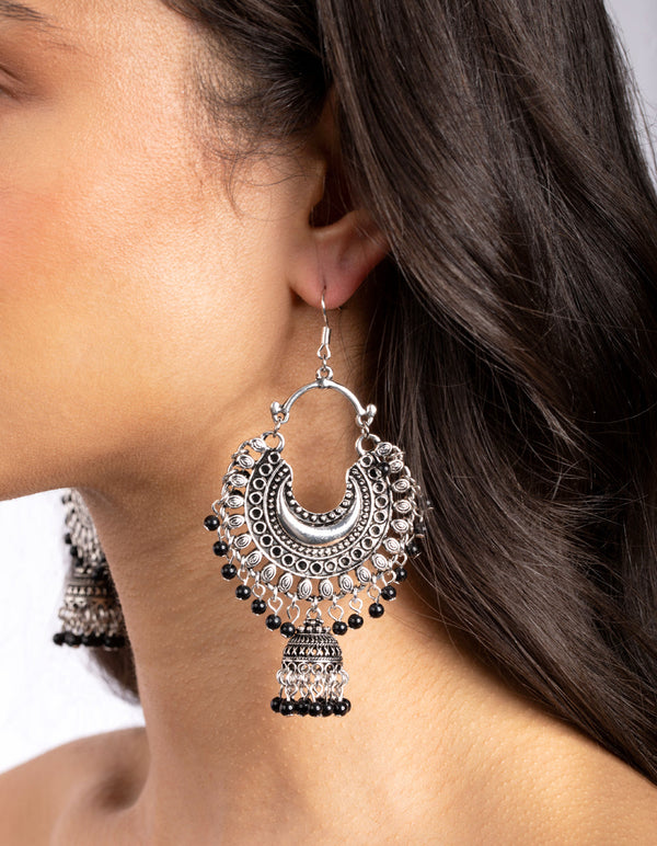 Silver Black Bohemian Beaded Earrings