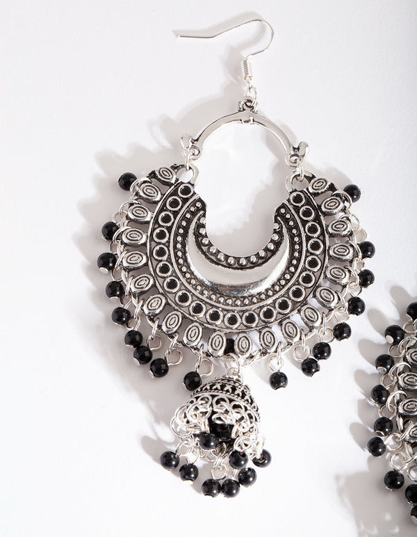 Silver Black Bohemian Beaded Earrings