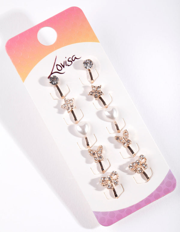 Kids Rose Gold Diamante Star Butterfly Heart & Bow Clip On Earring 5 Pack