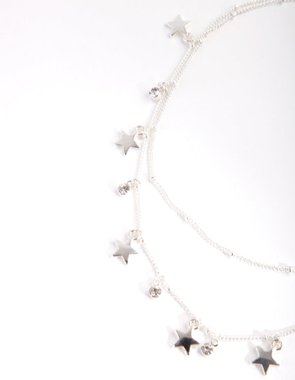 Silver Essential Two Row Star Choker Necklace