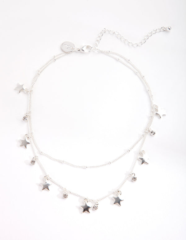 Silver Essential Two Row Star Choker Necklace