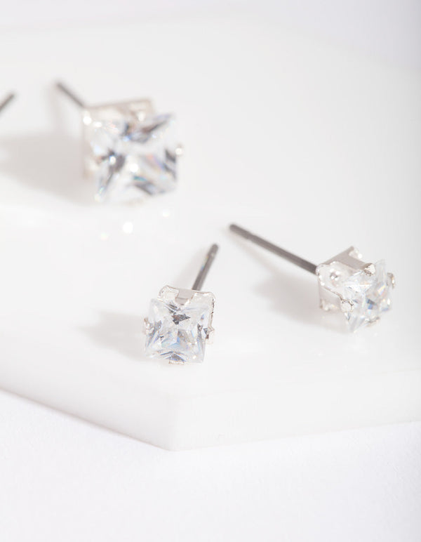 Silver Cubic Zirconia Square Stud Earring 2 Pack