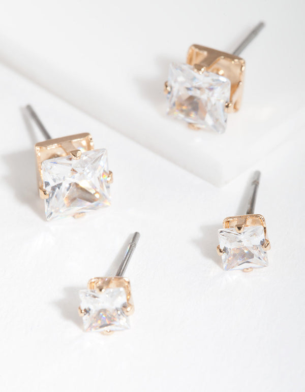 Gold Cubic Zirconia Square Earring 2 Pack