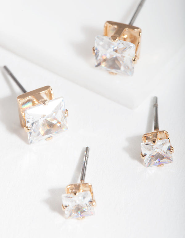 Gold Cubic Zirconia Square Earring 2 Pack