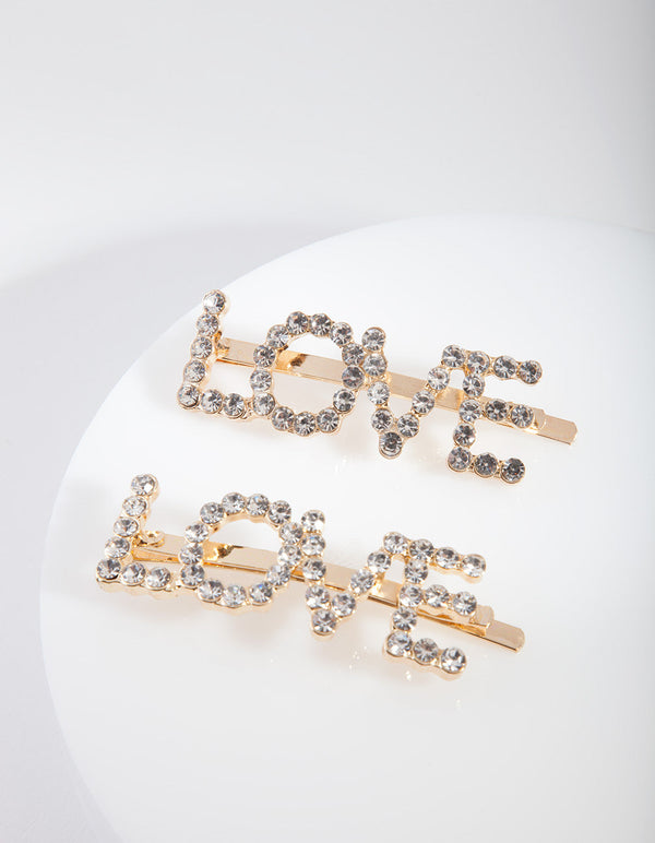 Spinki do włosów Gold Love z diamentami, 2 sztuki