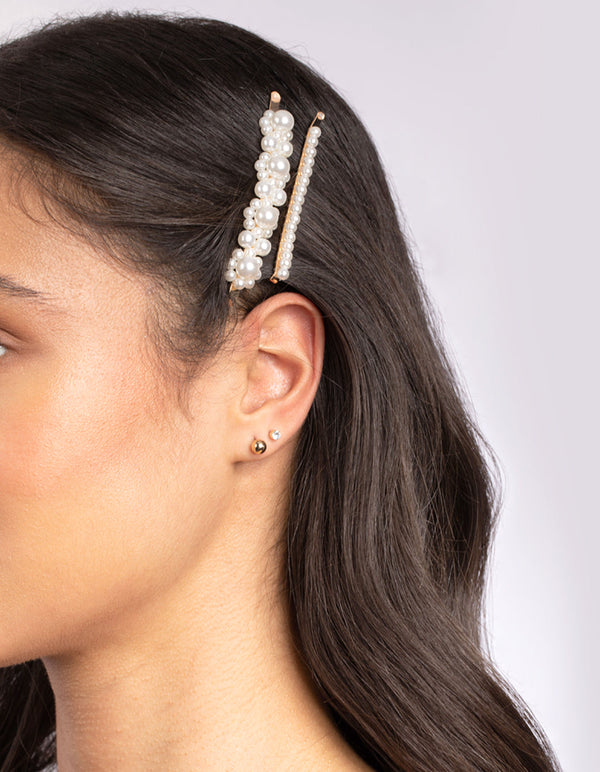 Gold Multi Pearl Diamante Hair Clip Pack