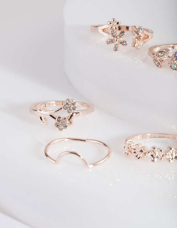 Rose Gold Floral Diamante Ring Pack